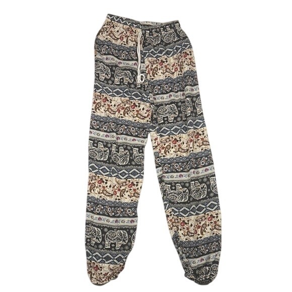 Other - Boho Elephant Paisley Print Harem Pants Black Cream Elastic Waist Joggers Womens